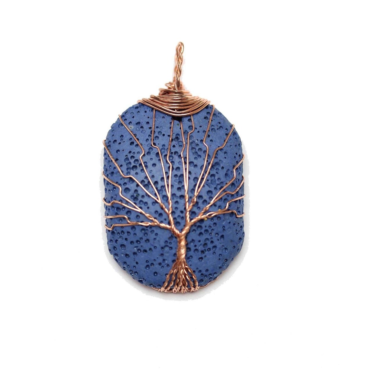Copper Wire Tree Of Life Pendant on Blue Painted Lava Rock 30x40mm